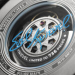 EVEL KNIEVELS trademark signature has been printed on the inside of the caseback glass. The rotor is designed to mimic the spoked wheels of the XR750 stuntbike.