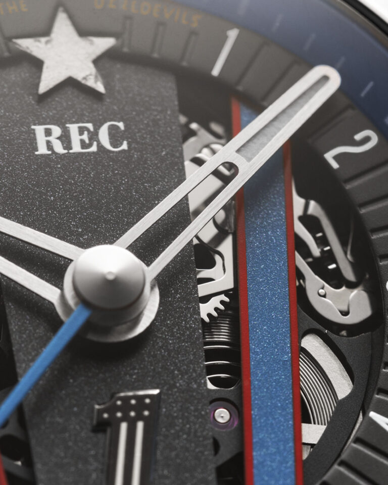 The openworked dial and exhibition caseback allows a full display of the skeletonized SW200-1Sb movement.