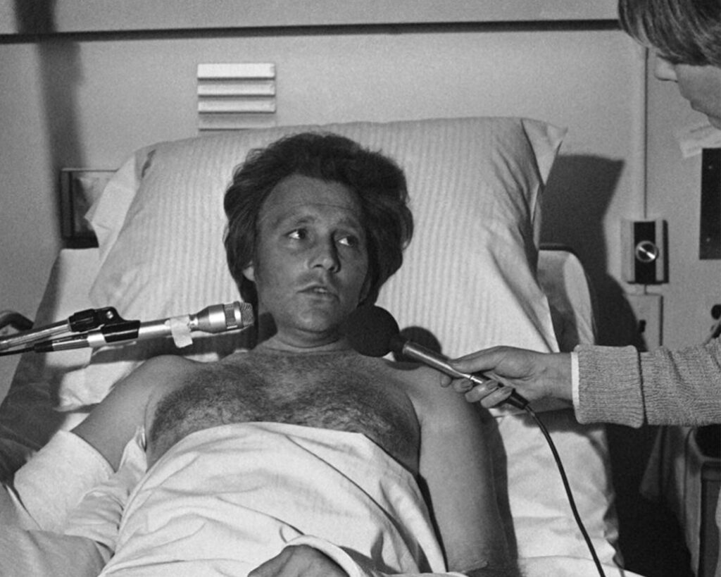 Evel Knievel in the hospital after his Shark Jump crash.