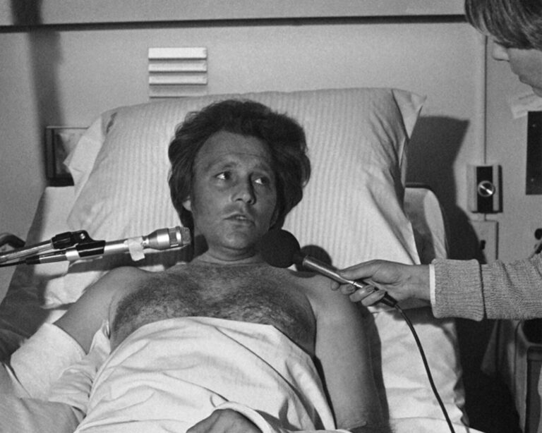 Evel Knievel in the hospital after his Shark Jump crash.