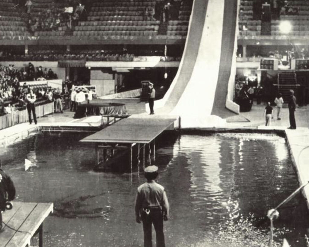 The Shark Jump ramp and pool, showing the landing ramp that Knievel would ultimately crash on. The podium on the right is where the cameraman was positioned.